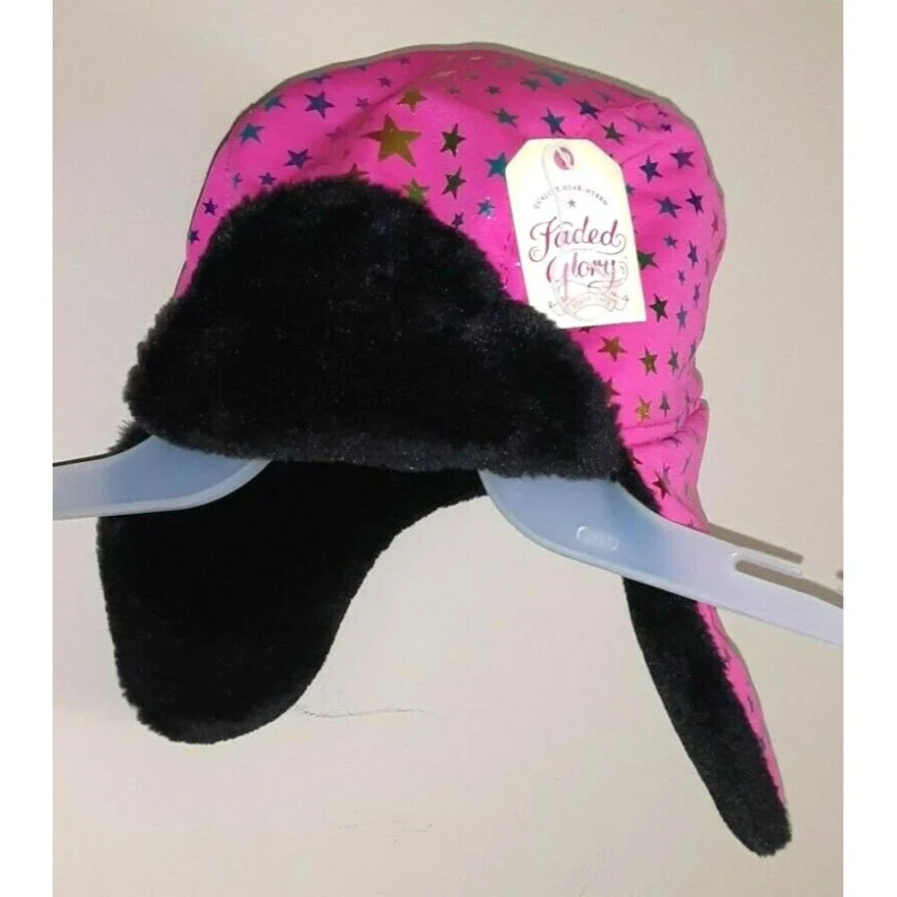 Faded Glory Fusia Pink Stars Design Girl's Trapper Hat Children One Size